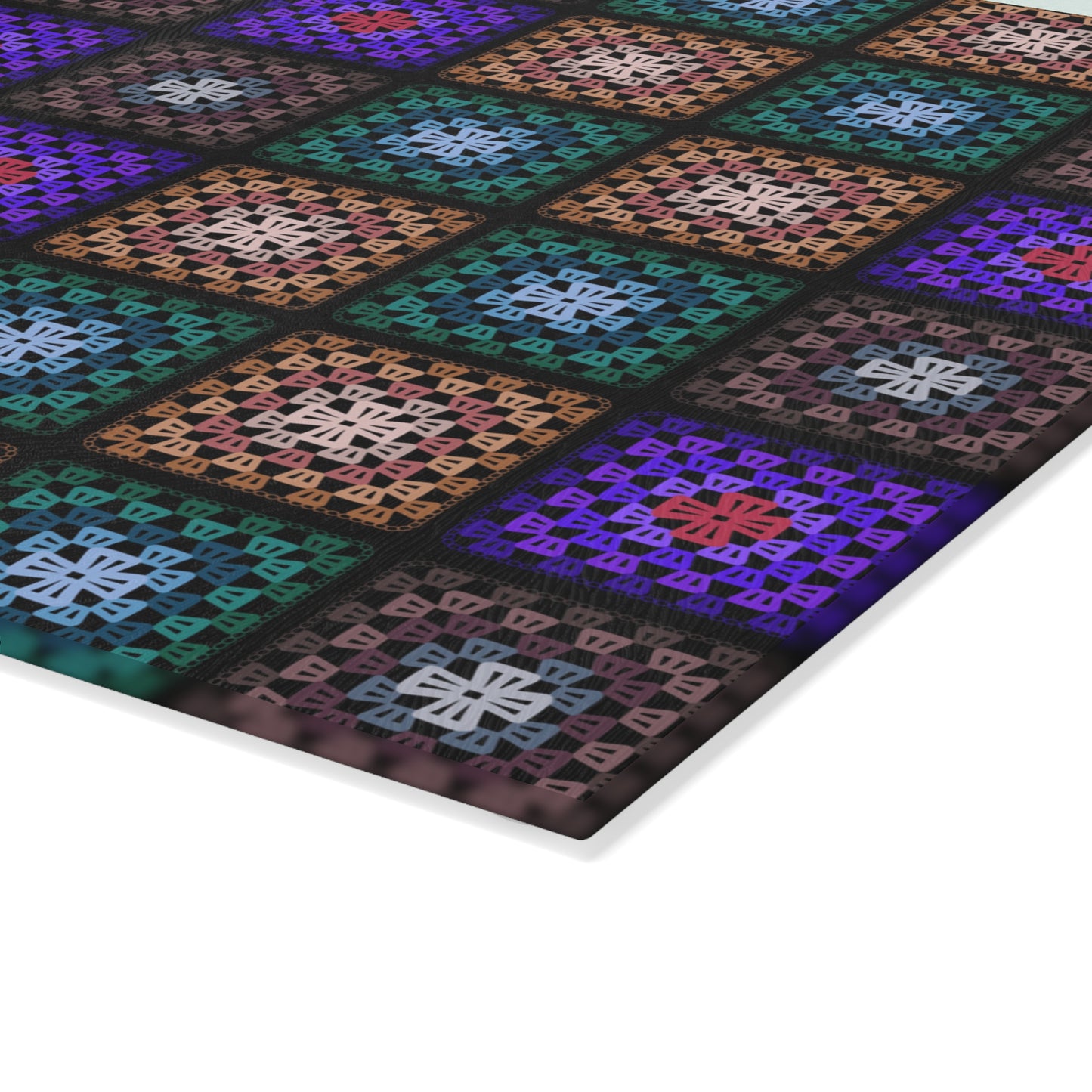 Glass Cutting Board - Boho Mosaic Quilt Crochet-Inspired Print