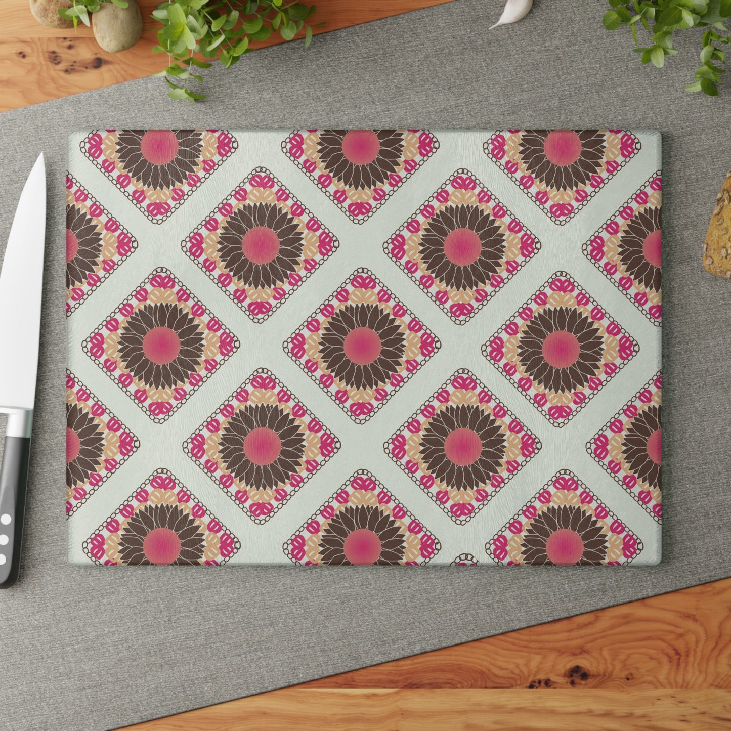 Glass Cutting Board - Spring Sunflowers Crochet-Inspired Print