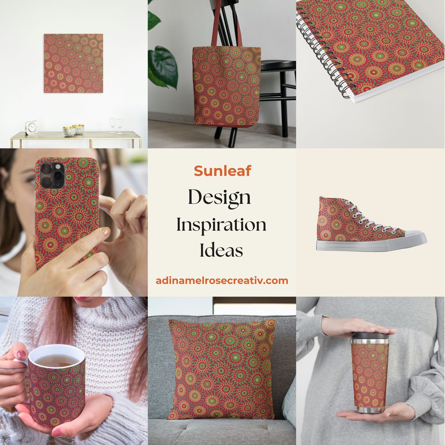 Crochet-inspired pattern with a freeform circle-saw effect design with yellow and green circular shapes on a red background