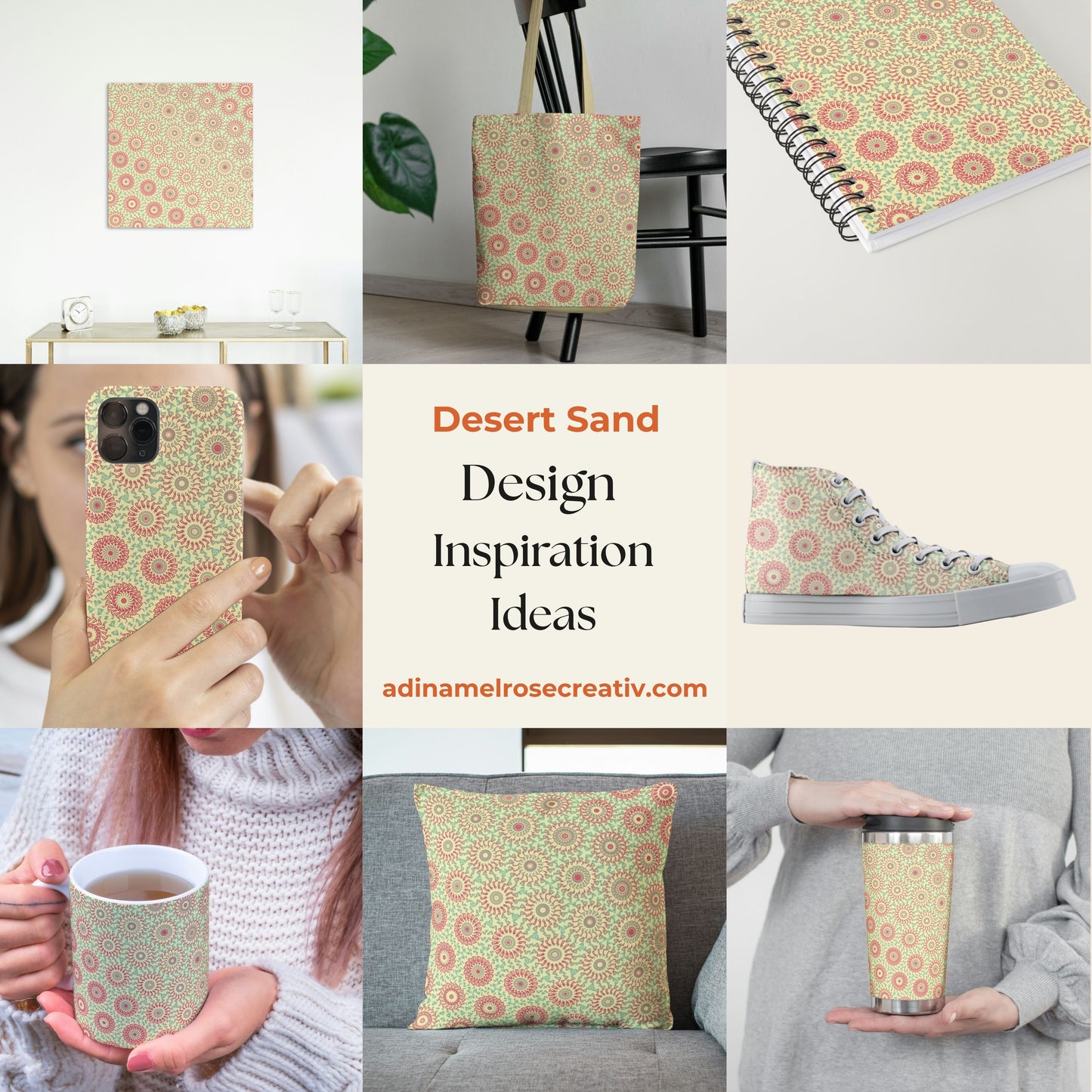 Collage of products with a crochet-inspired freeform circle-saw effect pattern, including phone case, tote bag, notebook, high-top sneakers, mug and pillow.
