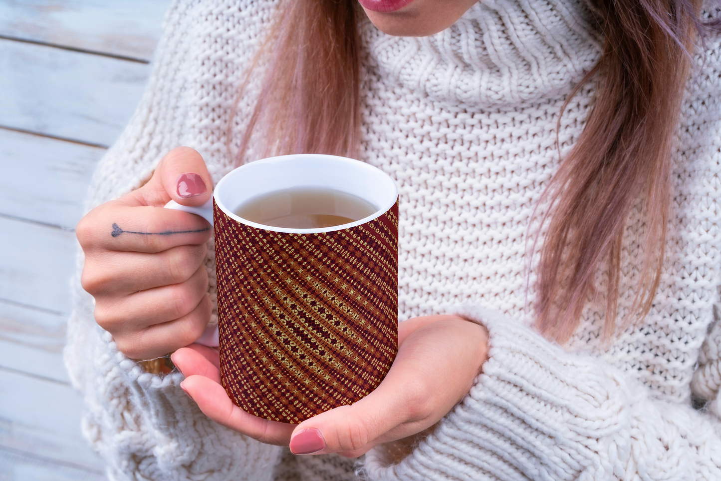 A crochet-inspired freeform effect geometric pattern mug sublimation.