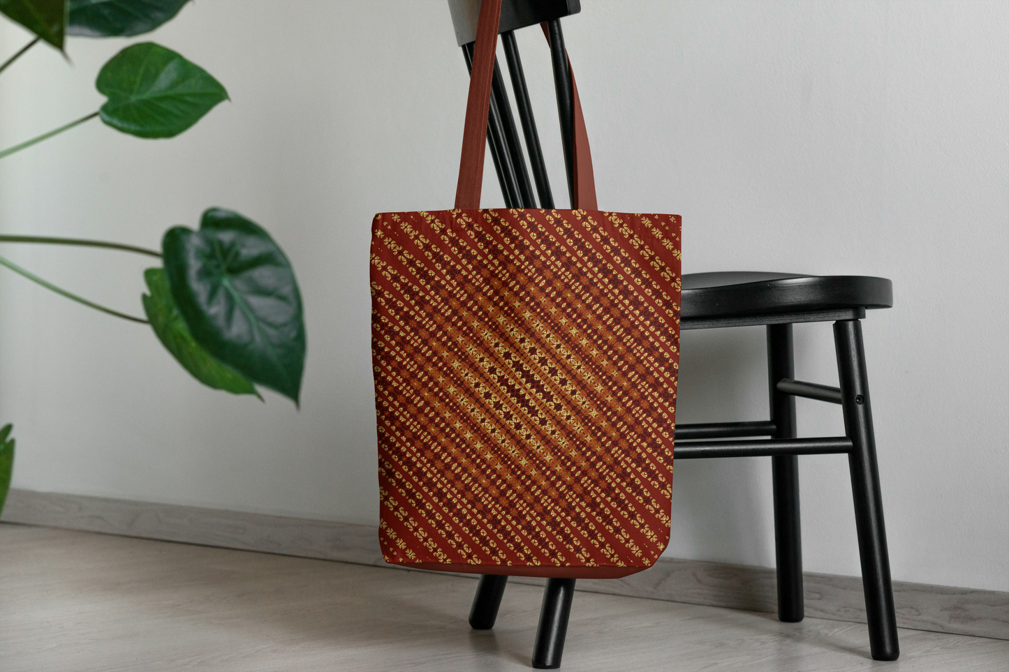 A crochet-inspired freeform effect geometric tote bag design.
