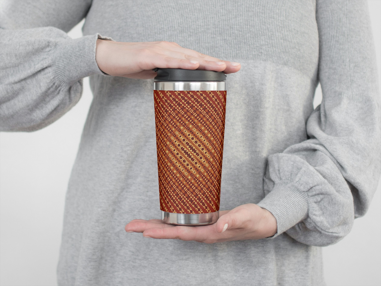 A crochet-inspired freeform effect geometric pattern tumbler sublimation.