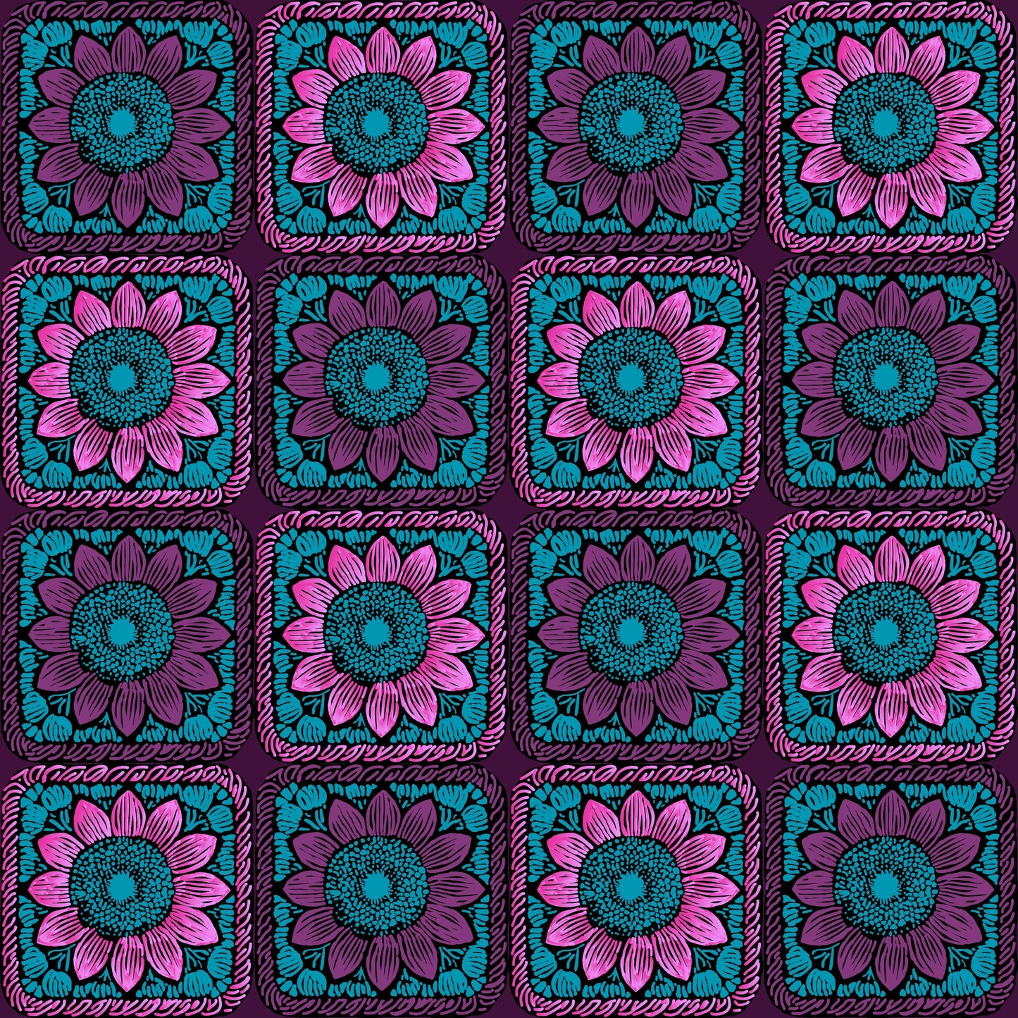 Aubergine Burst Sunflowers Floral Granny Squares Seamless Print