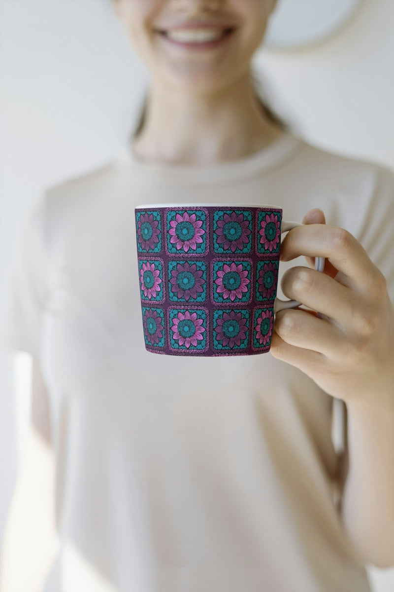 Aubergine Burst Sunflowers Floral Granny Squares Seamless Print