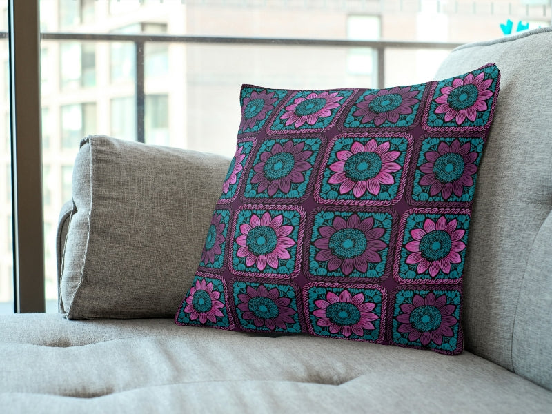 Aubergine Burst Sunflowers Floral Granny Squares Seamless Print