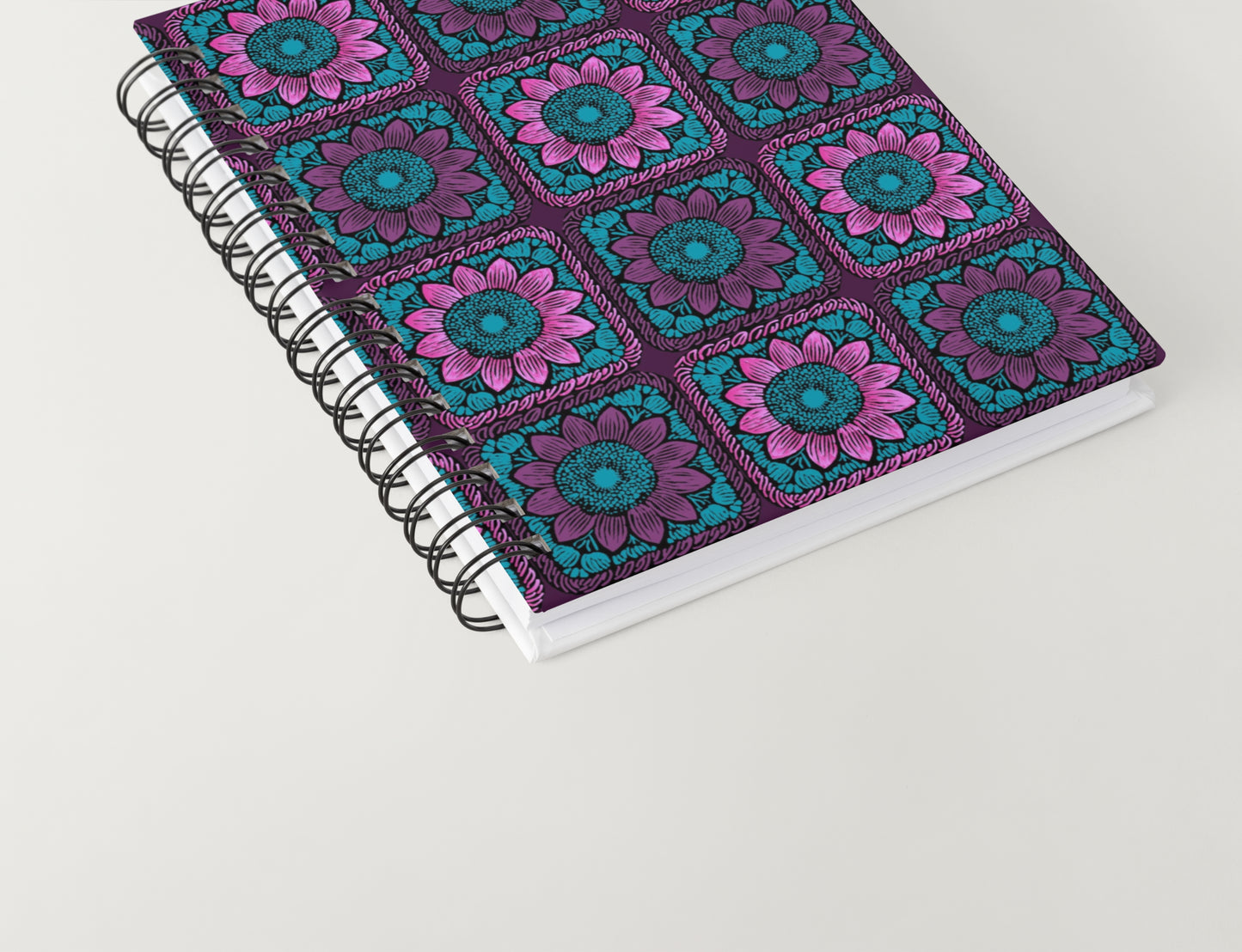 Aubergine Burst Sunflowers Floral Granny Squares Seamless Print