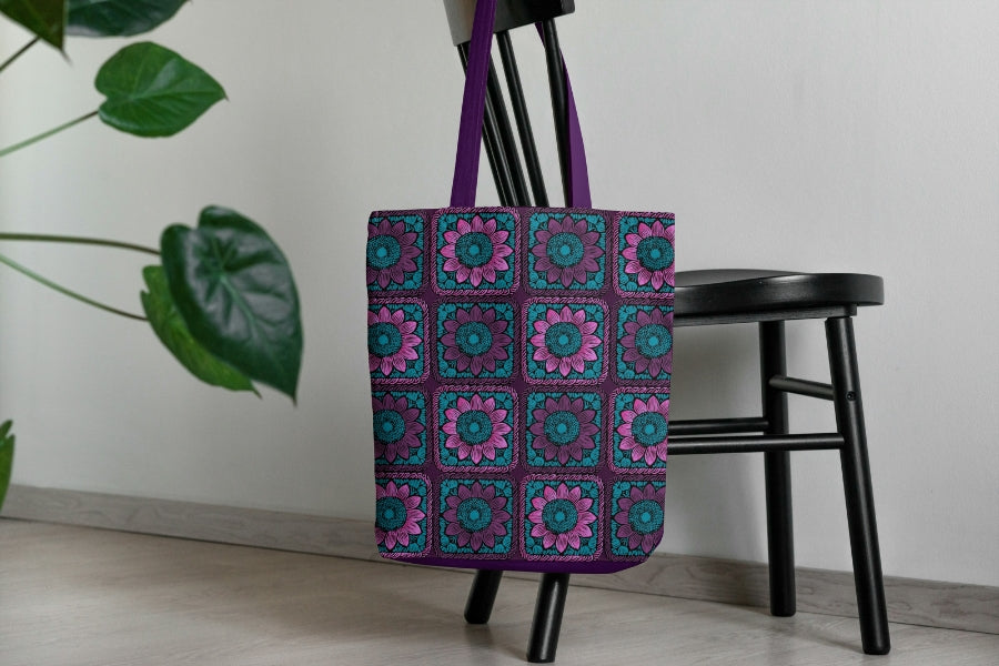 Aubergine Burst Sunflowers Floral Granny Squares Seamless Print