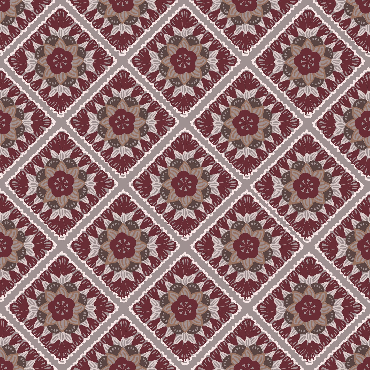 Aubergine Tapestry Granny Squares Floral Seamless Print
