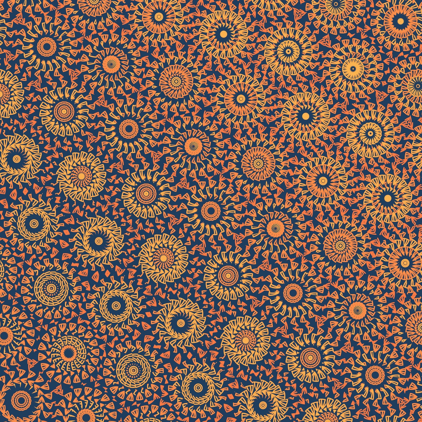 Crochet-inspired pattern with a freeform circle-saw effect design with orange and yellow circular shapes on a navy background