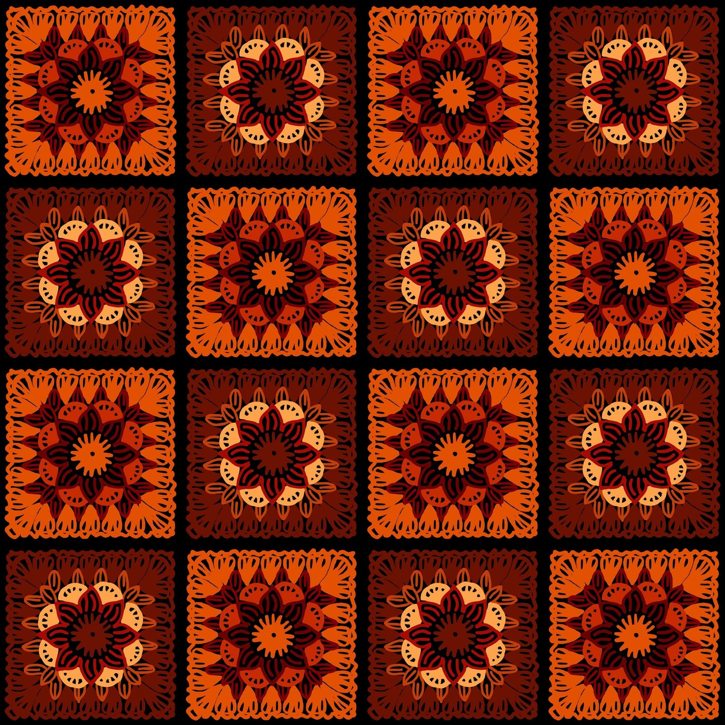 Deep Sunset Floral Granny Squares Print