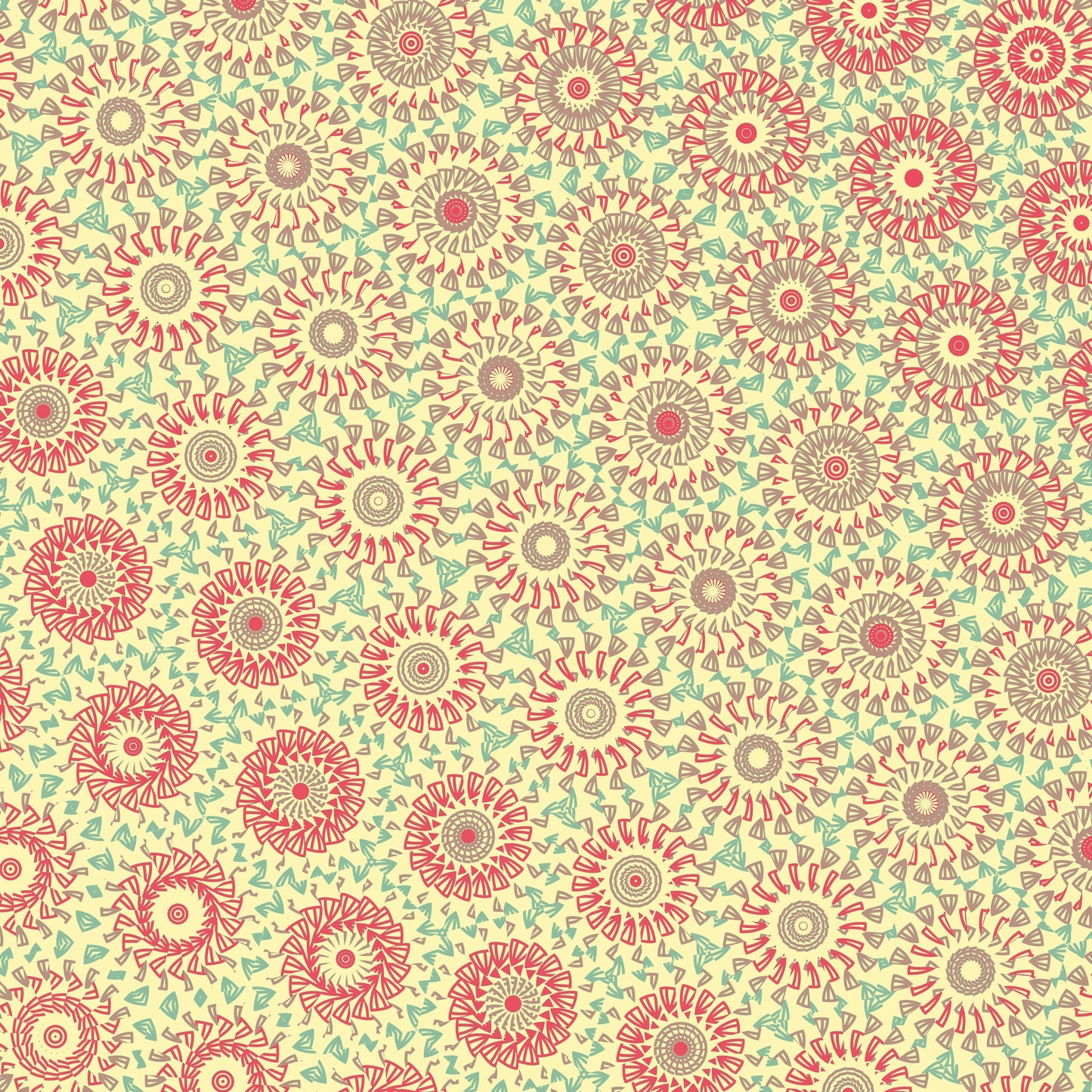 Crochet-inspired pattern with a freeform circle-saw effect design with red and beige circular shapes on a light green background