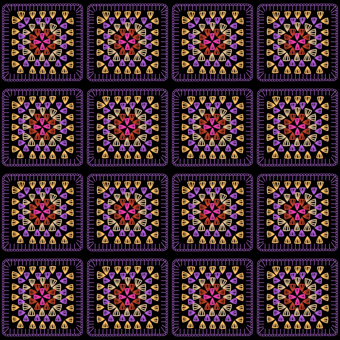 Golden Amethyst Glow Embroidery Granny Squares Print