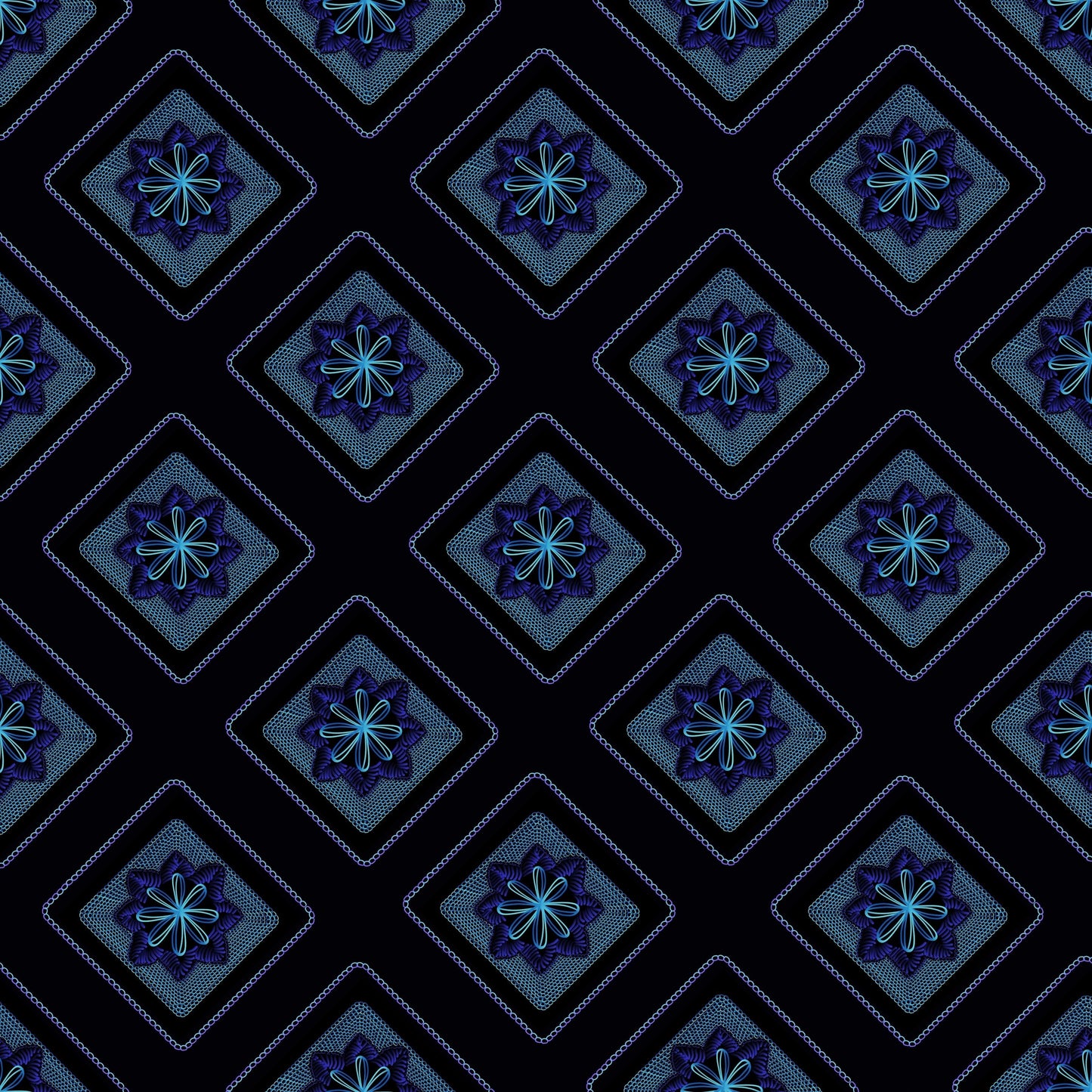 Midnight Artic Blue Embroidery Floral Granny Squares Print