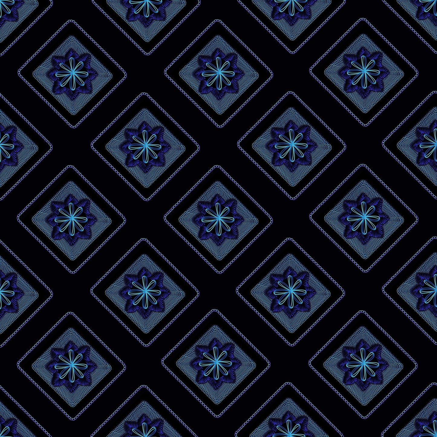 Midnight Blue Floral Granny Squares Print