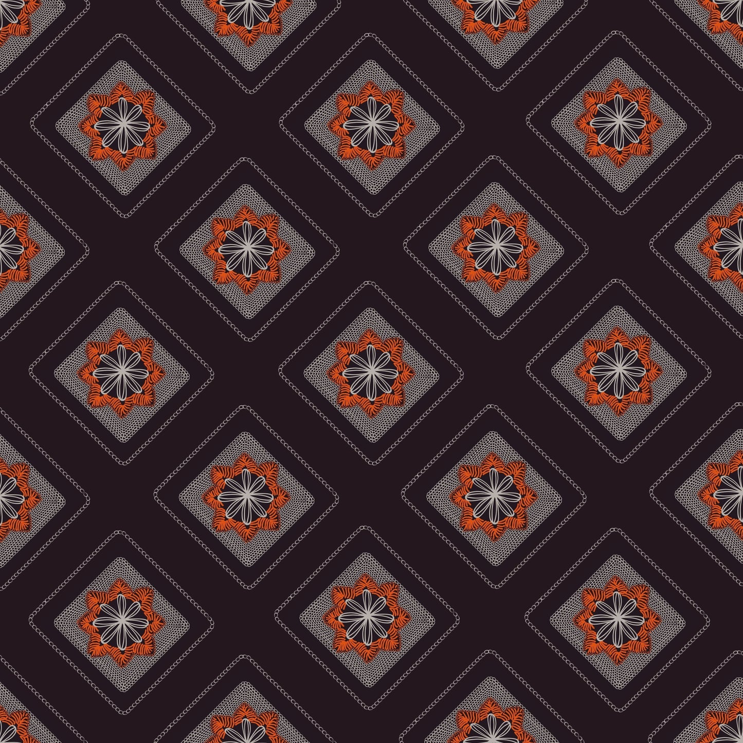 Midnight Rust Embroidery Floral Granny Squares Print