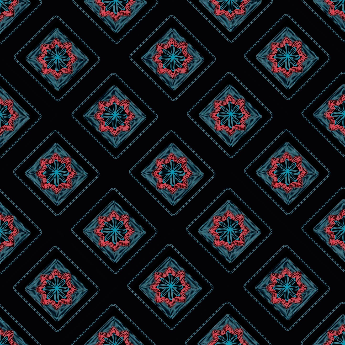 Midnight Teal Azure Embroidery Floral Granny Squares Print