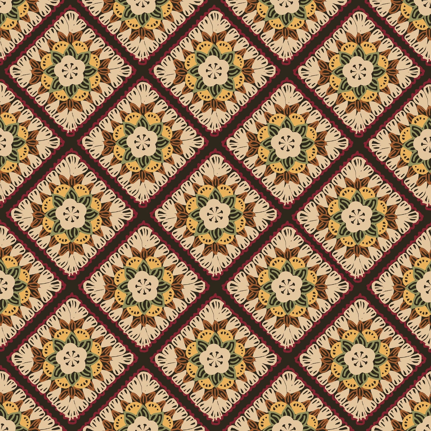 Mocha Mandala Floral Granny Squares Seamless Print