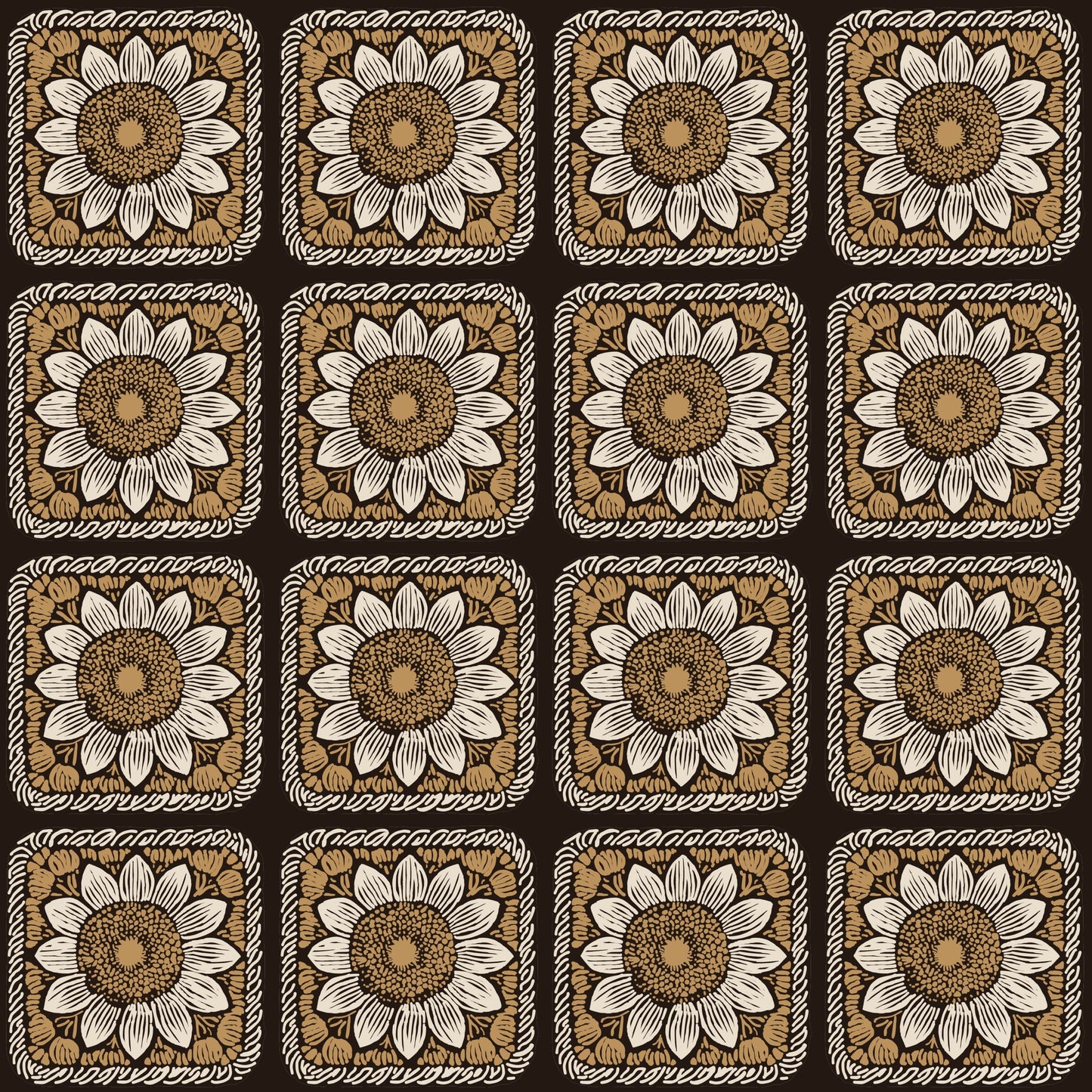 Mocha Mousse Sunflower Floral Granny Squares Seamless Print