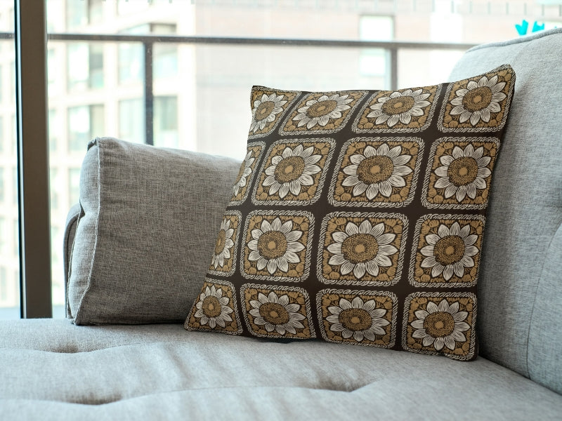 Mocha Mousse Sunflower Floral Granny Squares Seamless Print