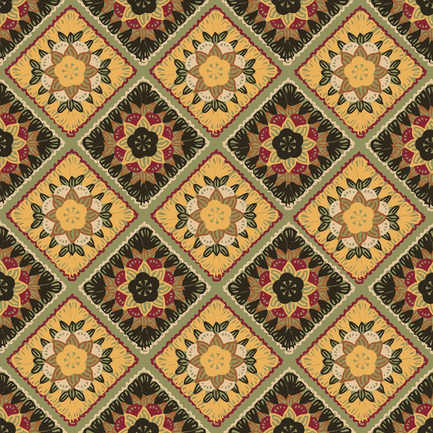 Mocha Tapestry Floral Granny Squares Seamless Print