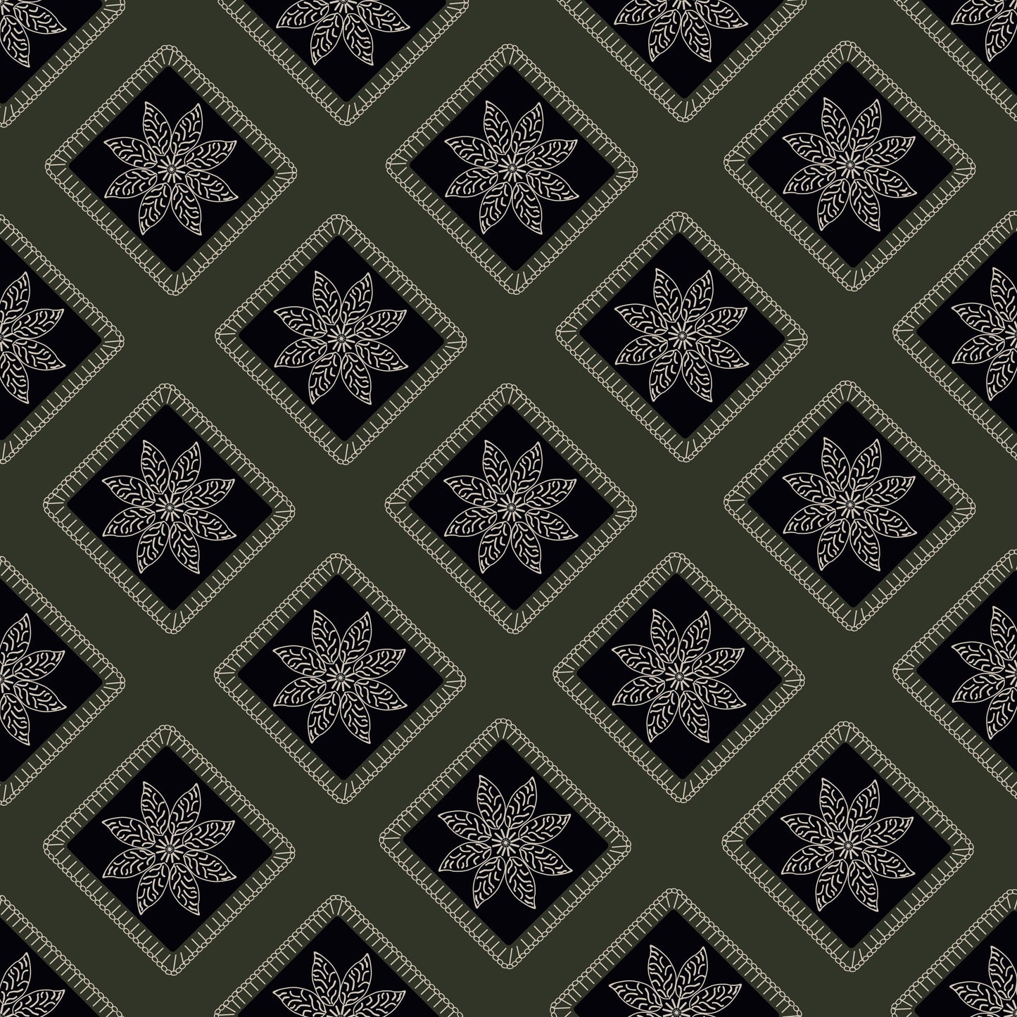 Olive Noir Embroidery Floral Granny Squares Print