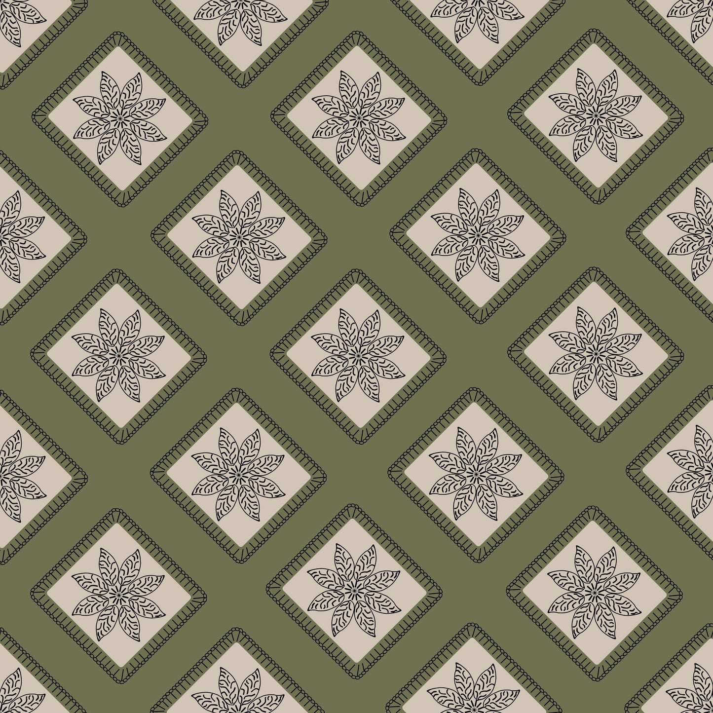 Olive Taupe Embroidery Floral Granny Squares Print