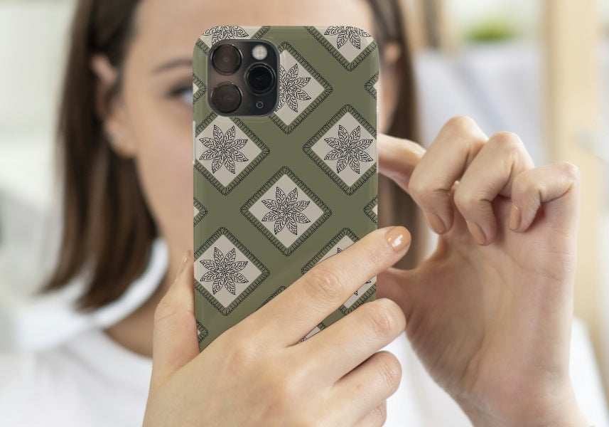 Olive Taupe Embroidery Floral Granny Squares Print