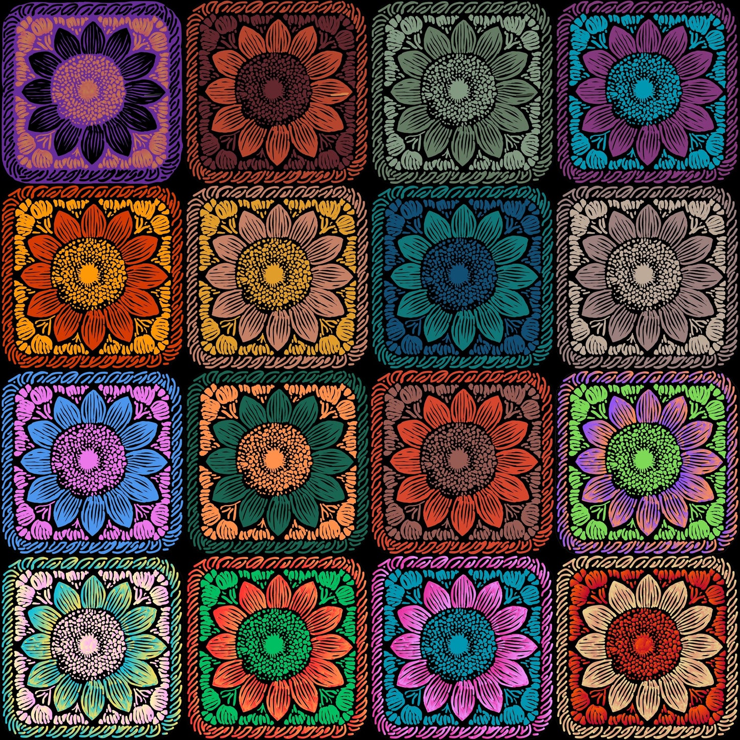Prismatic Noir Sunflowers Floral Granny Squares Seamless Print