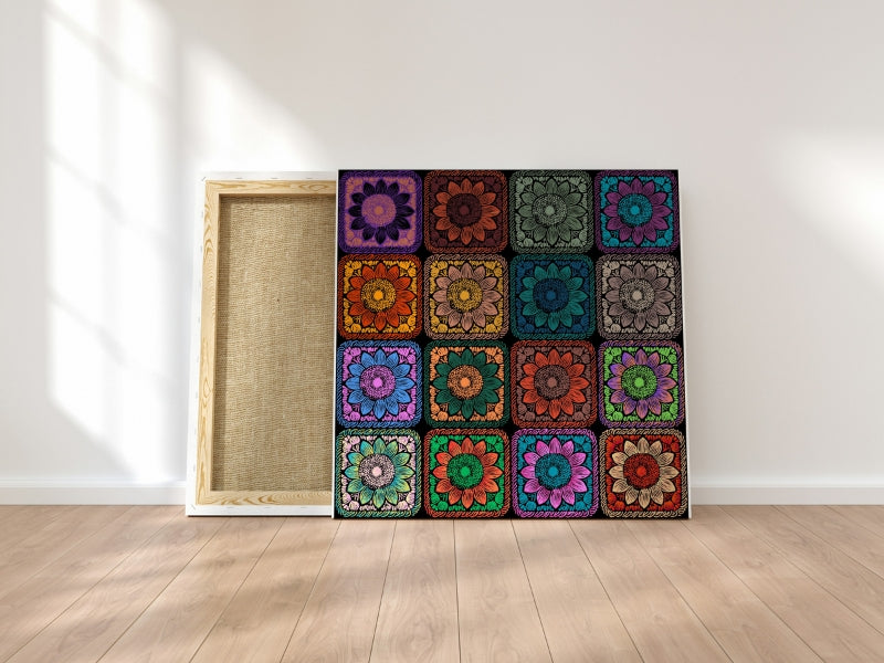 Prismatic Noir Sunflowers Floral Granny Squares Seamless Print