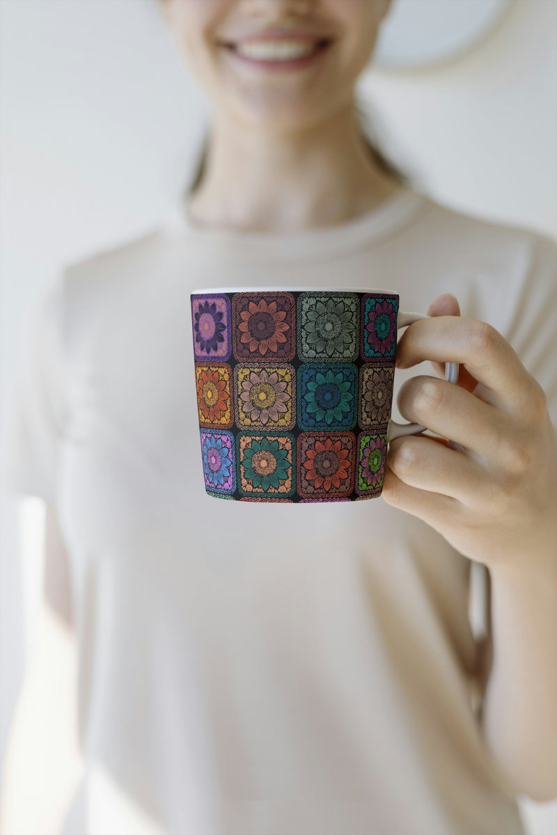Prismatic Noir Sunflowers Floral Granny Squares Seamless Print