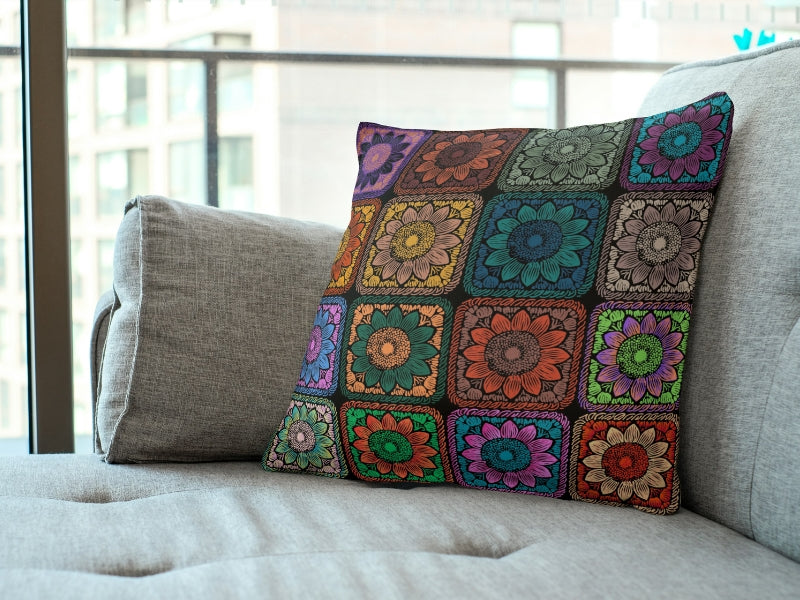 Prismatic Noir Sunflowers Floral Granny Squares Seamless Print
