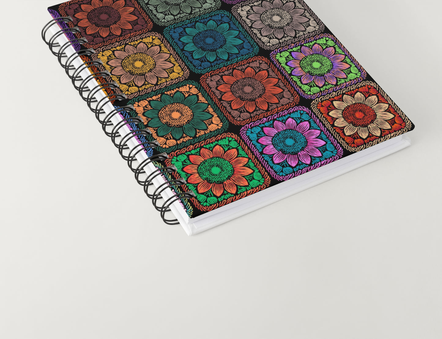 Prismatic Noir Sunflowers Floral Granny Squares Seamless Print