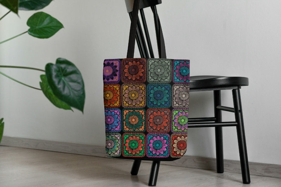 Prismatic Noir Sunflowers Floral Granny Squares Seamless Print