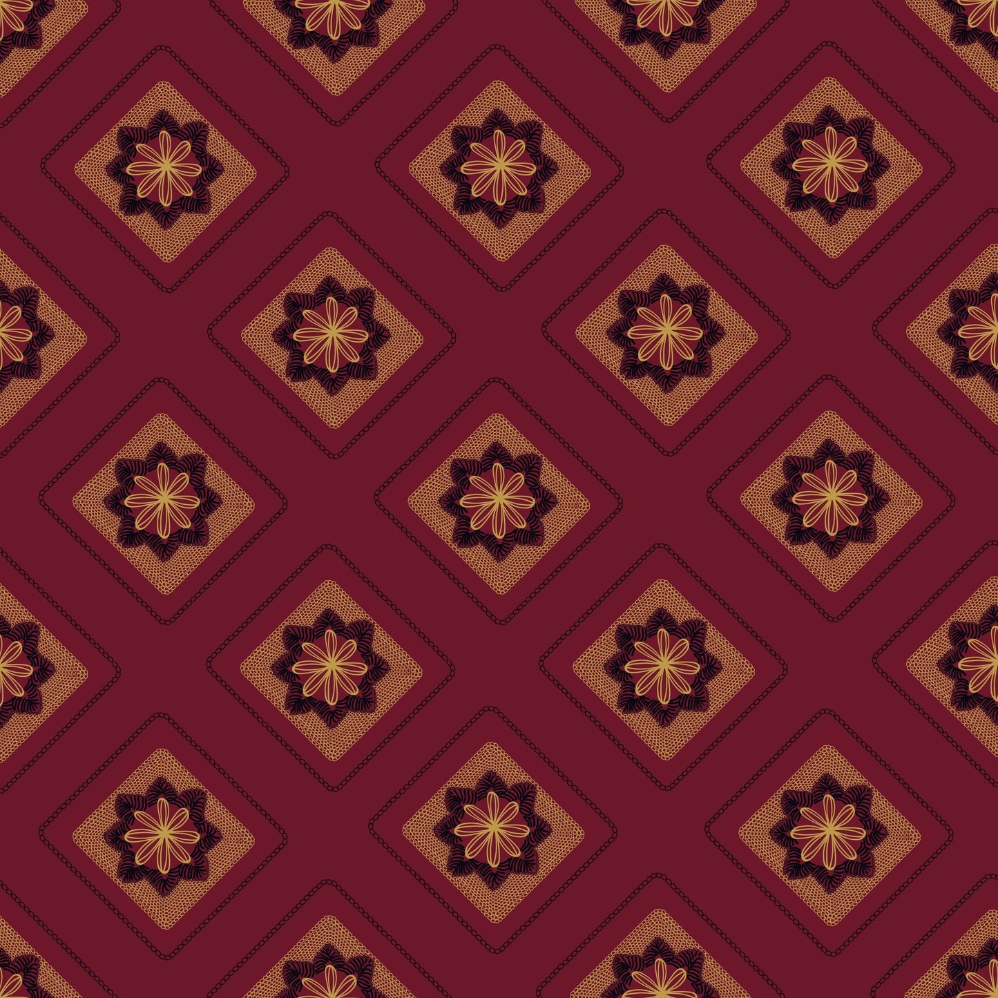 Regal Maroon Embroidery Floral Granny Squares Print