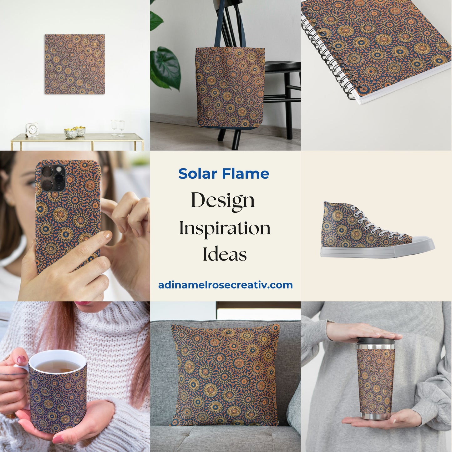 Collage of products with a crochet-inspired freeform circle-saw effect pattern, including phone case, tote bag, notebook, high-top sneakers, mug and pillow.