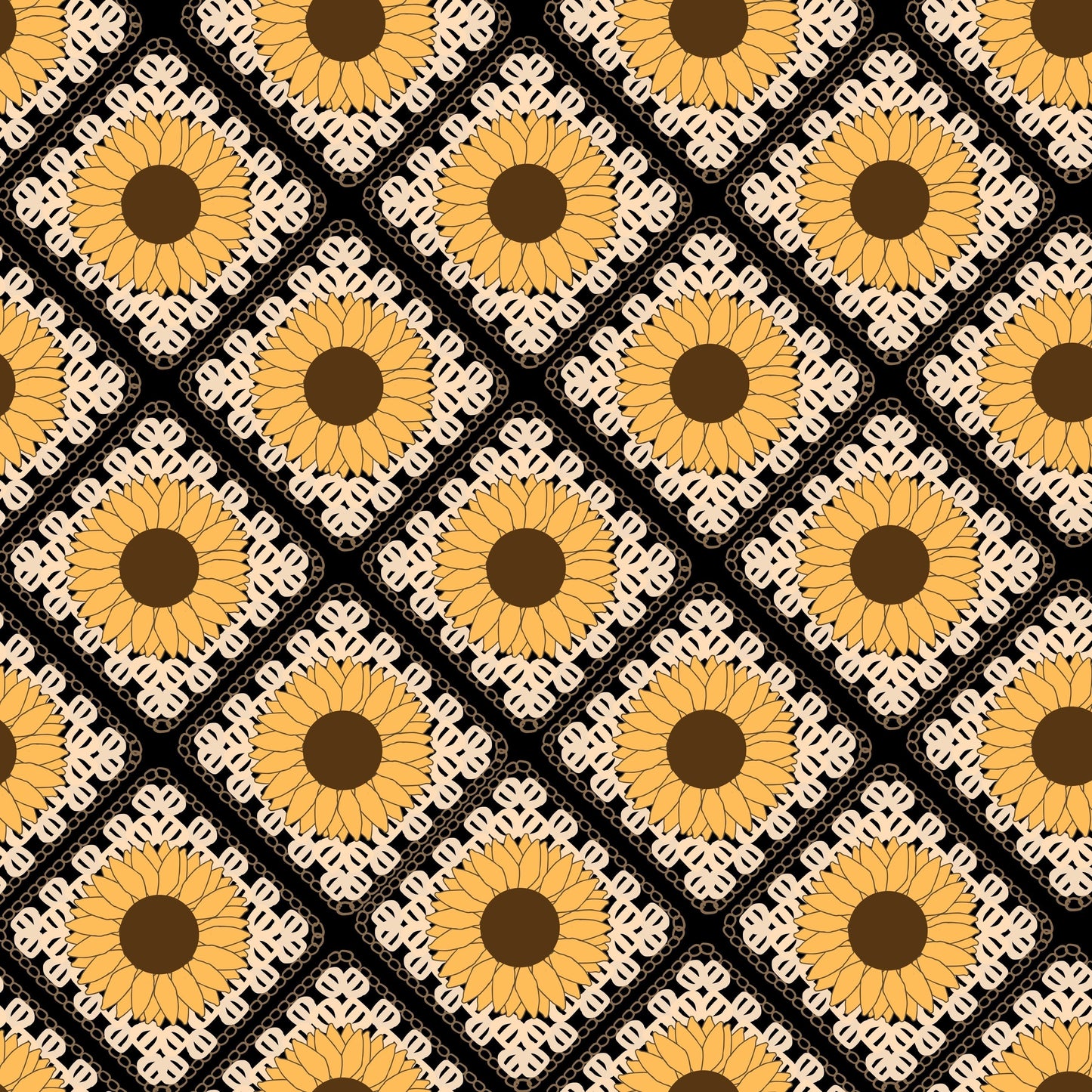 Sunflower Bloom Floral Granny Squares Seamless Print