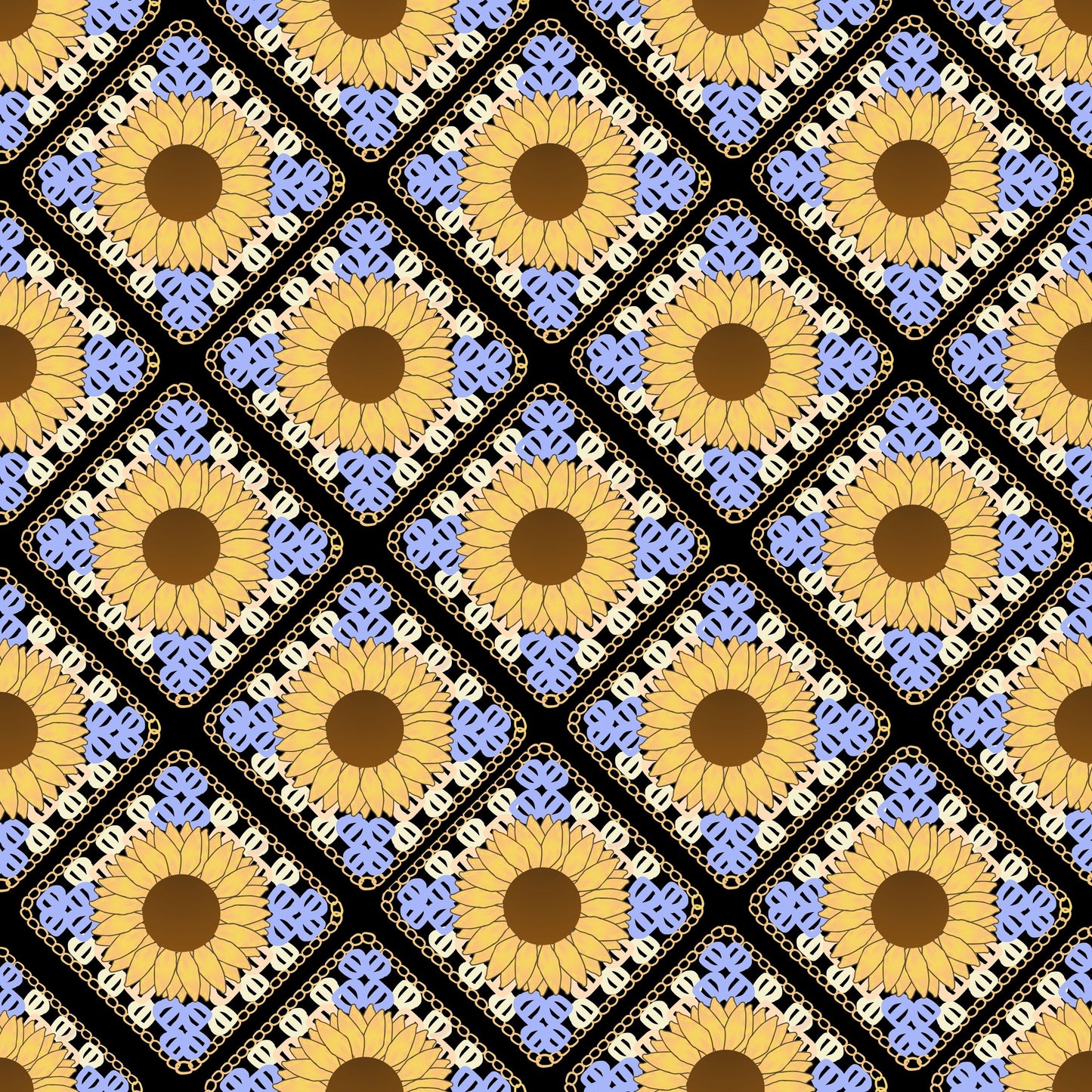 Sunflower Dreams Floral Granny Squares Seamless Print