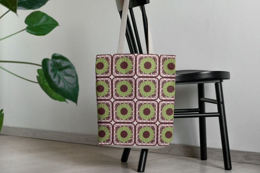 Sunflowers Cherry Olive Granny Squares Floral Print