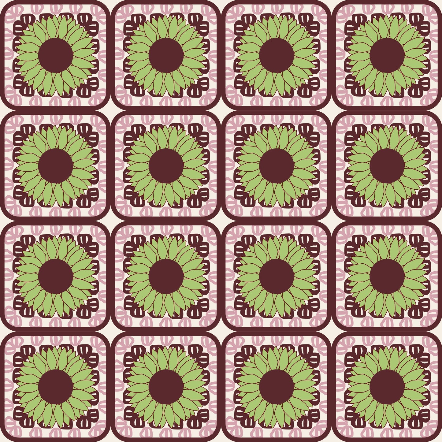 Sunflowers Cherry Olive Granny Squares Floral Print