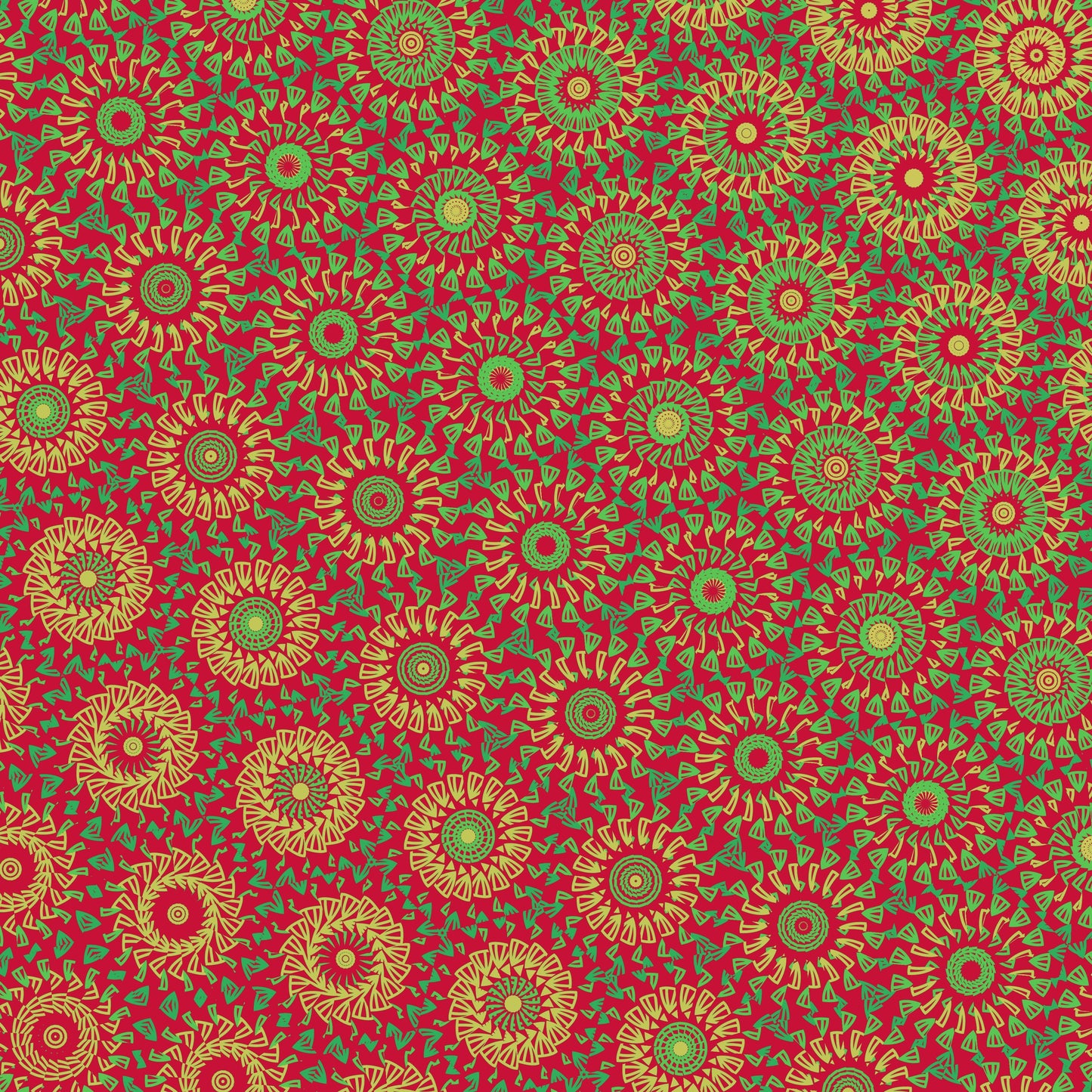 Crochet-inspired pattern with a freeform circle-saw effect design with gold and green circular shapes on a red background
