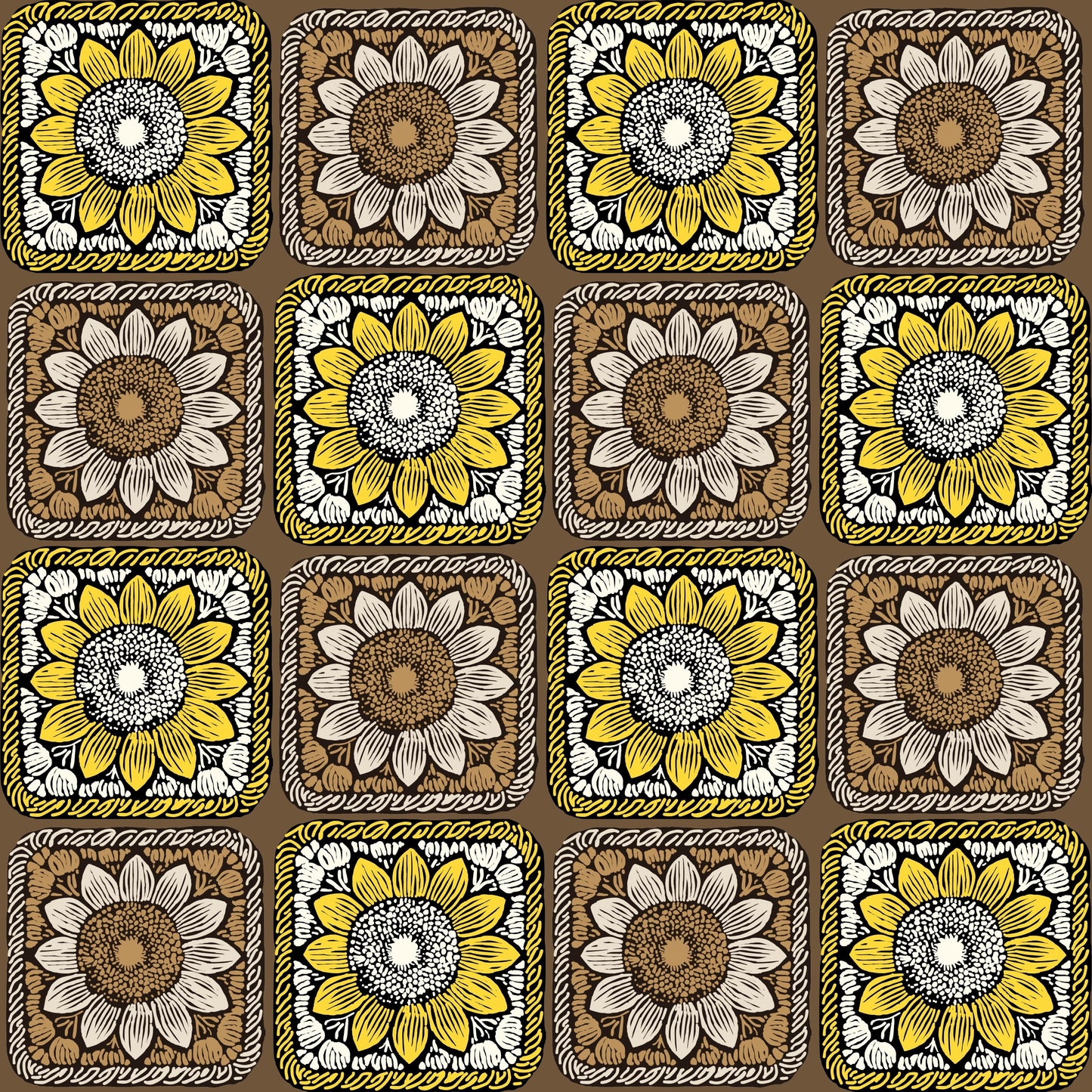 Sunlit Taupe Sunflowers Floral Granny Squares Seamless Print