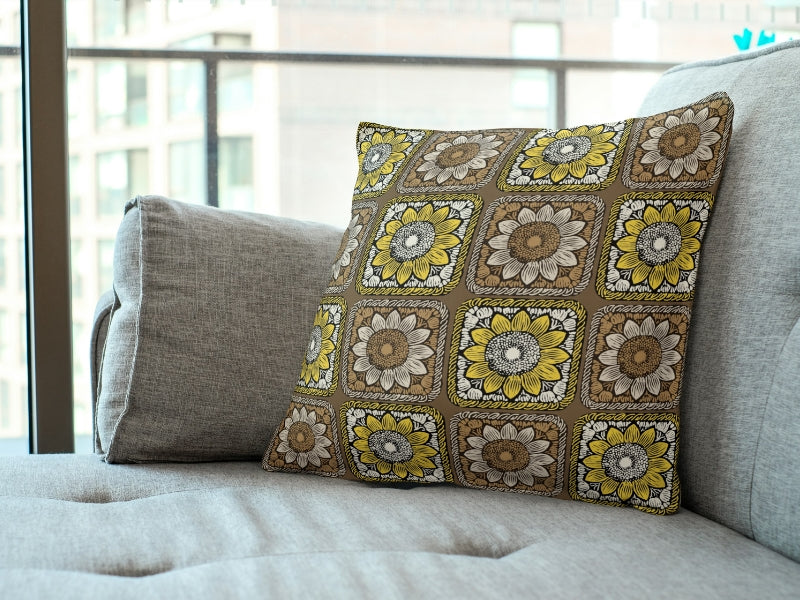 Sunlit Taupe Sunflowers Floral Granny Squares Seamless Print