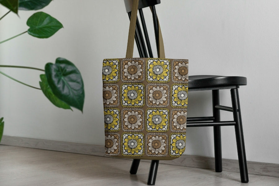 Sunlit Taupe Sunflowers Floral Granny Squares Seamless Print