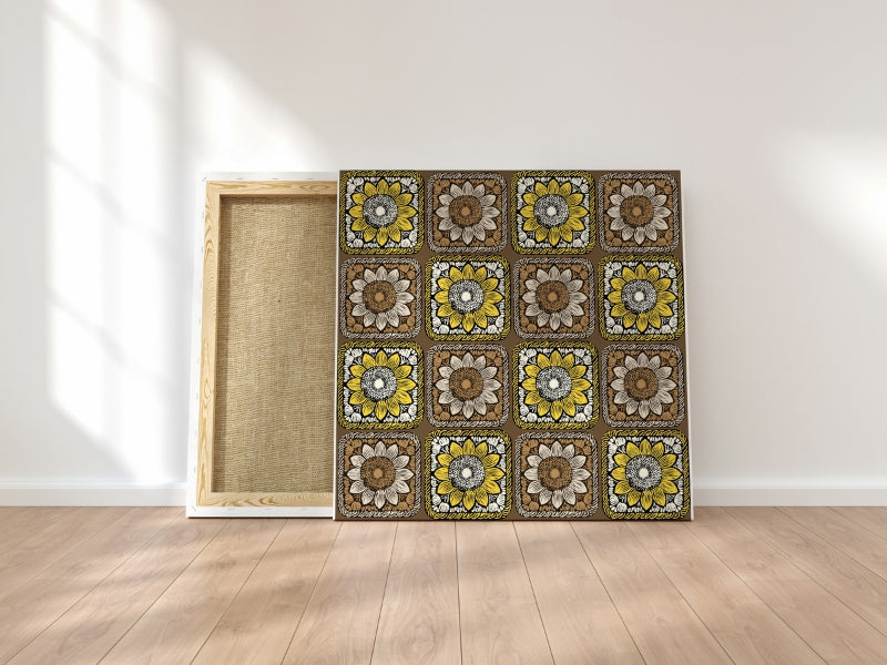 Sunlit Taupe Sunflowers Floral Granny Squares Seamless Print