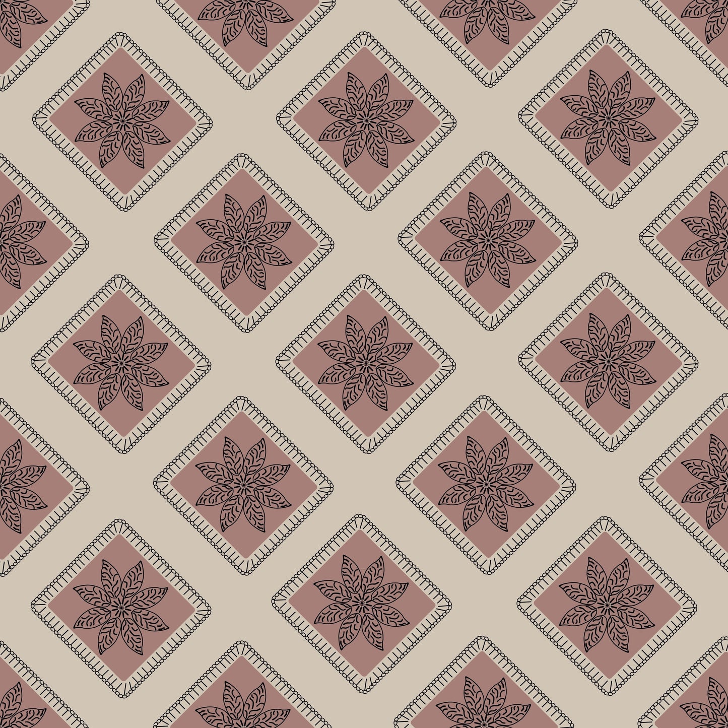Taupe Blush Embroidery Floral Granny Squares Print