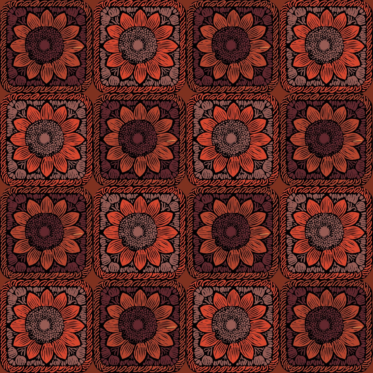 Terracotta Bloom Sunflowers Floral Granny Squares Seamless Print