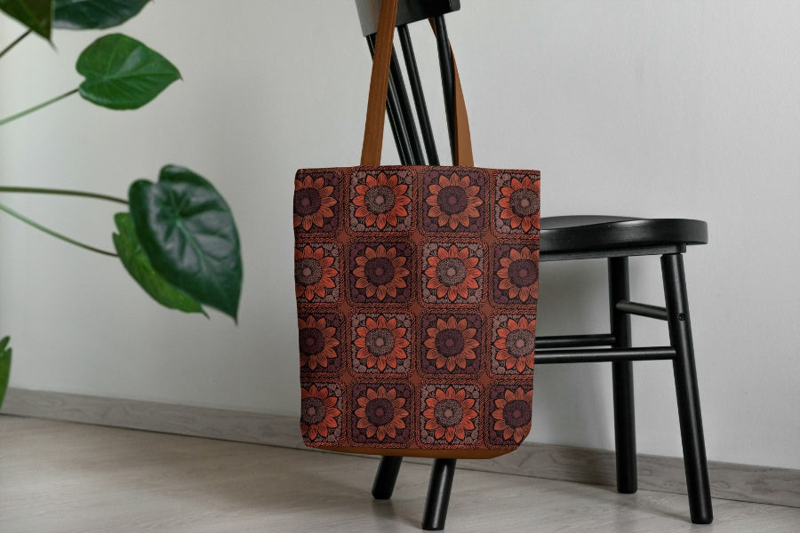 Terracotta Bloom Sunflowers Floral Granny Squares Seamless Print