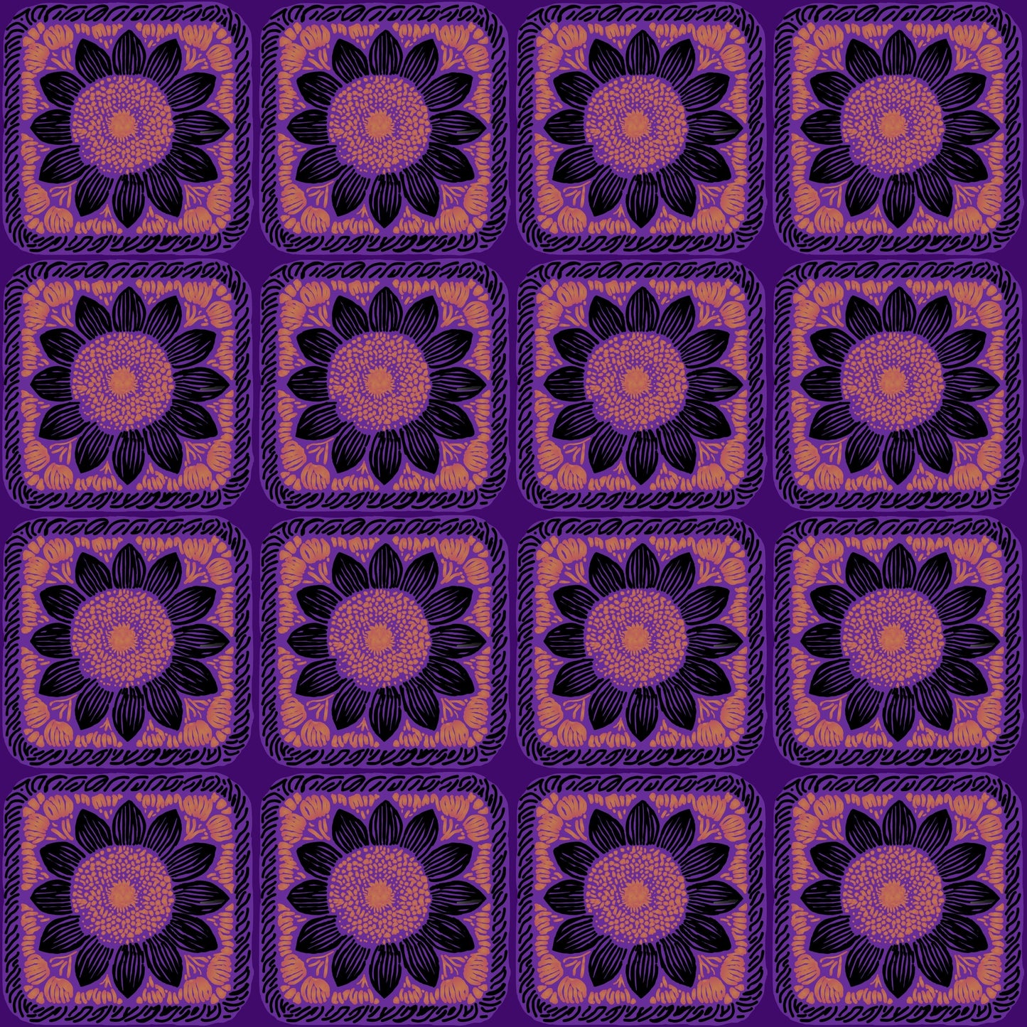 Violet Noir Sunflower Floral Granny Squares Seamless Print