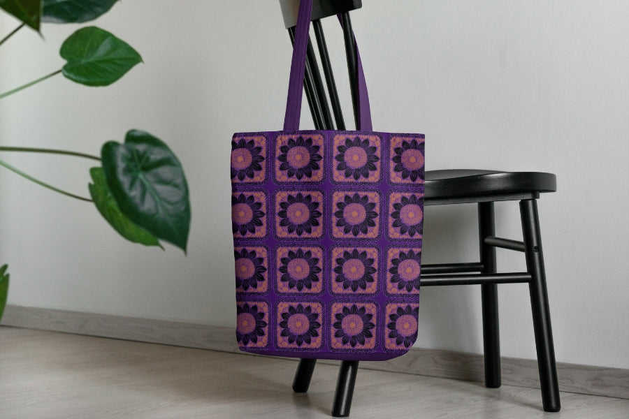 Violet Noir Sunflower Floral Granny Squares Seamless Print